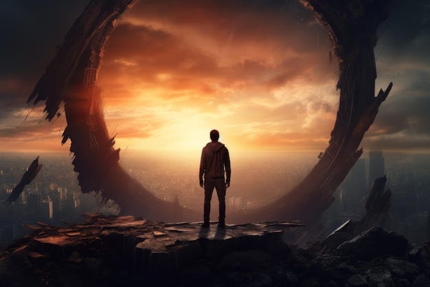 Resilience Amidst Destruction Man Standing Tall on Ruins Digital Wallpaper  | Premium AI-generated image