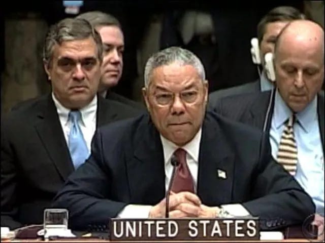 US Secretary of State Colin Powell presents evidence of weapons of mass destruction, including a model anthrax vial, to the United Nations Security Council. US Secretary of State Colin Powell presents evidence of weapons of mass destruction, including a model anthrax vial, to the United Nations Security Council.