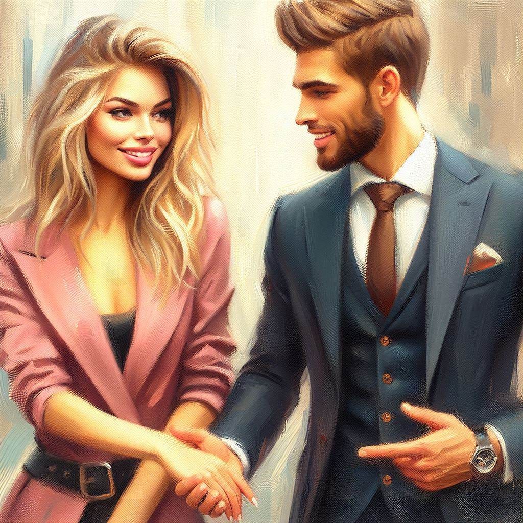 A pretty blonde woman offers her hand to a handsome, well-dressed man. Slight impressionist style. A pretty blonde woman offers her hand to a handsome, well-dressed man. Slight impressionist style.