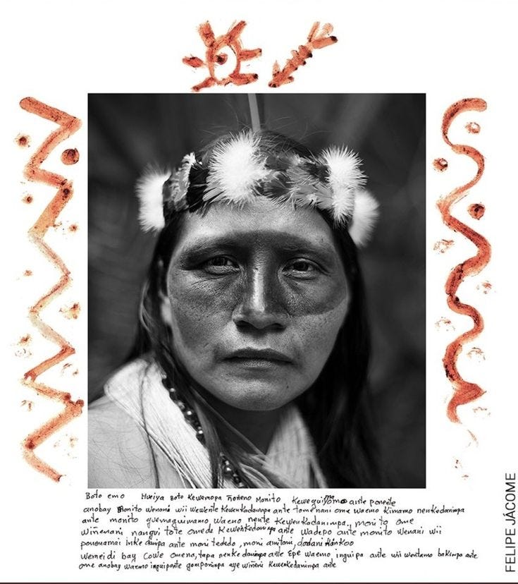 This may contain: an native american woman with feathers on her head and the words written in red ink