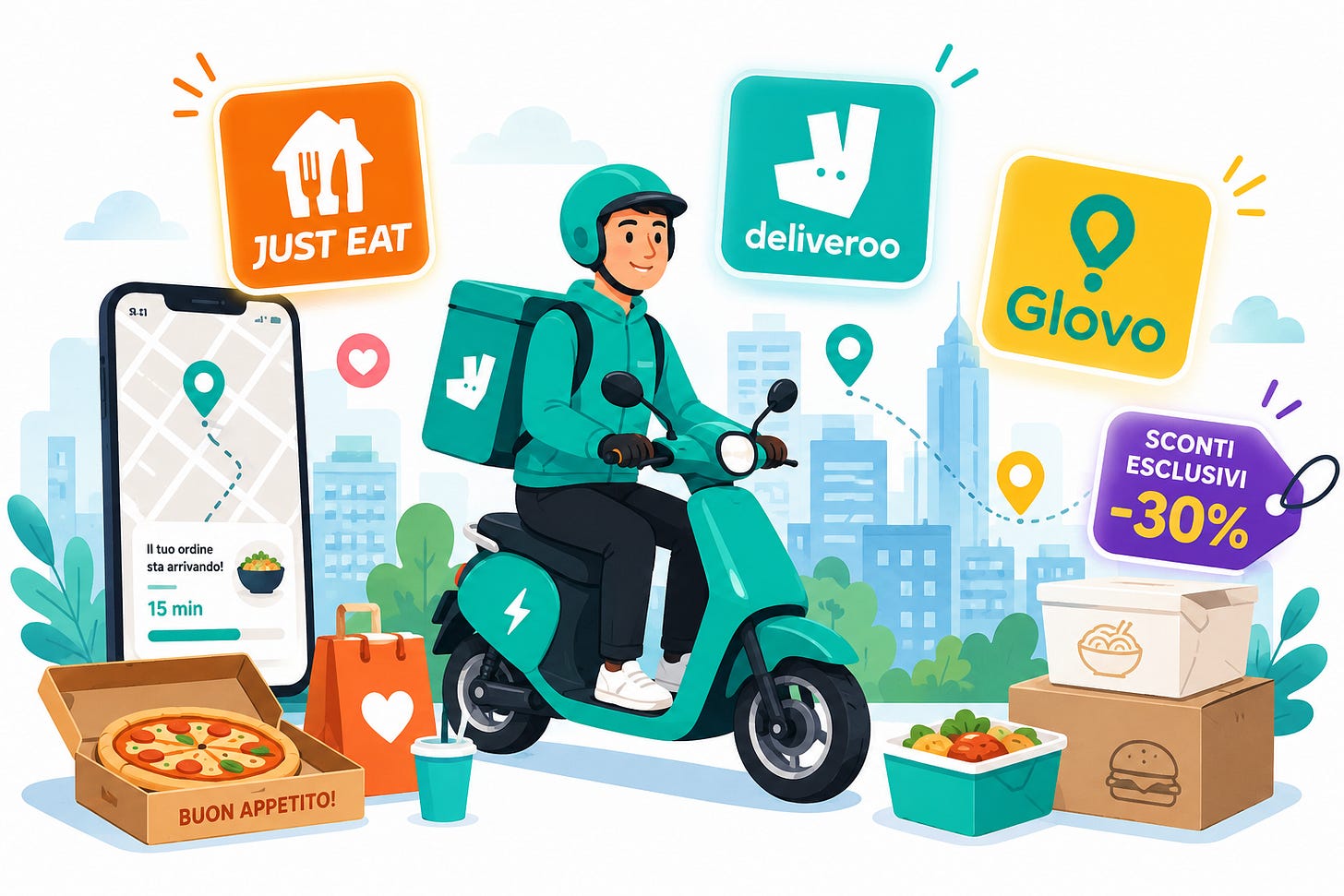 Un'illustrazione digitale minimalista e dai colori vivaci di un rider che consegna cibo in città. Un'illustrazione digitale minimalista e dai colori vivaci di un rider che consegna cibo in città.