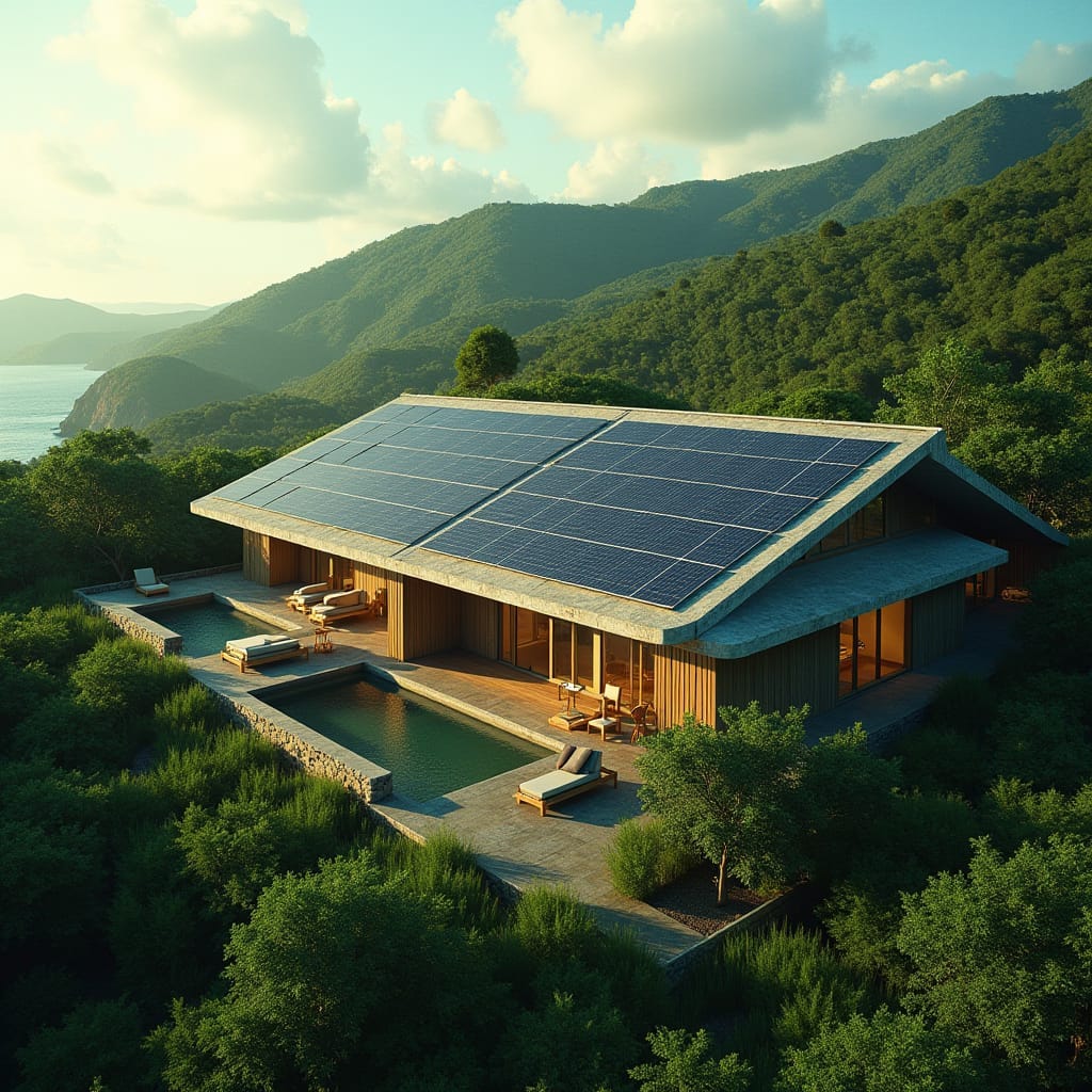 Eco-friendly luxury development in jamaica incorporating solar panels, green roofs