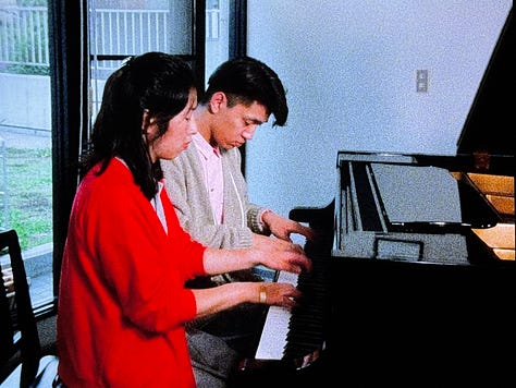 Still images from Tokyo Melody: two photos of Sakamoto and Akiko Yano playing piano together, and an image of Sakamoto performing in YMO.