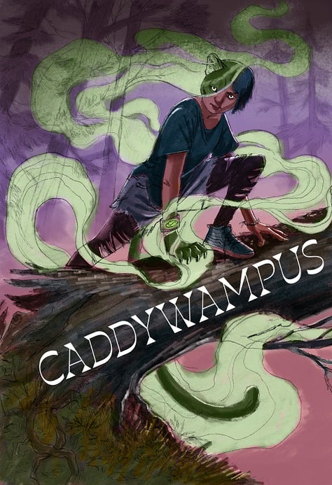 a series of color combinations for a girl standing on a log with parts of her face and hand turning into a cougar with mist surrounding her.