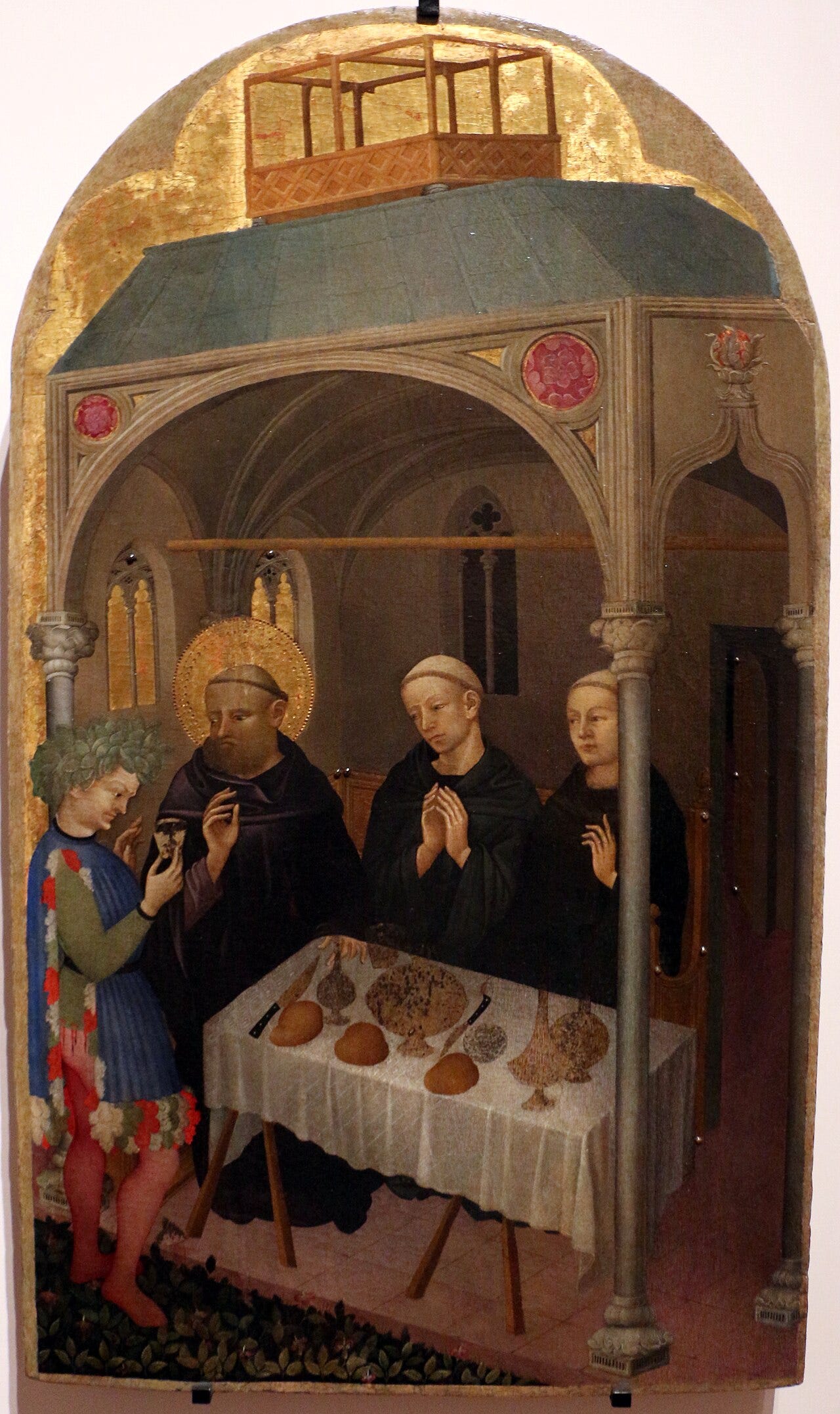 Saint Benedict and the Poisoned Wine by Niccolò di Pietro: a monk blesses a glass of wine held out by a server Saint Benedict and the Poisoned Wine by Niccolò di Pietro: a monk blesses a glass of wine held out by a server