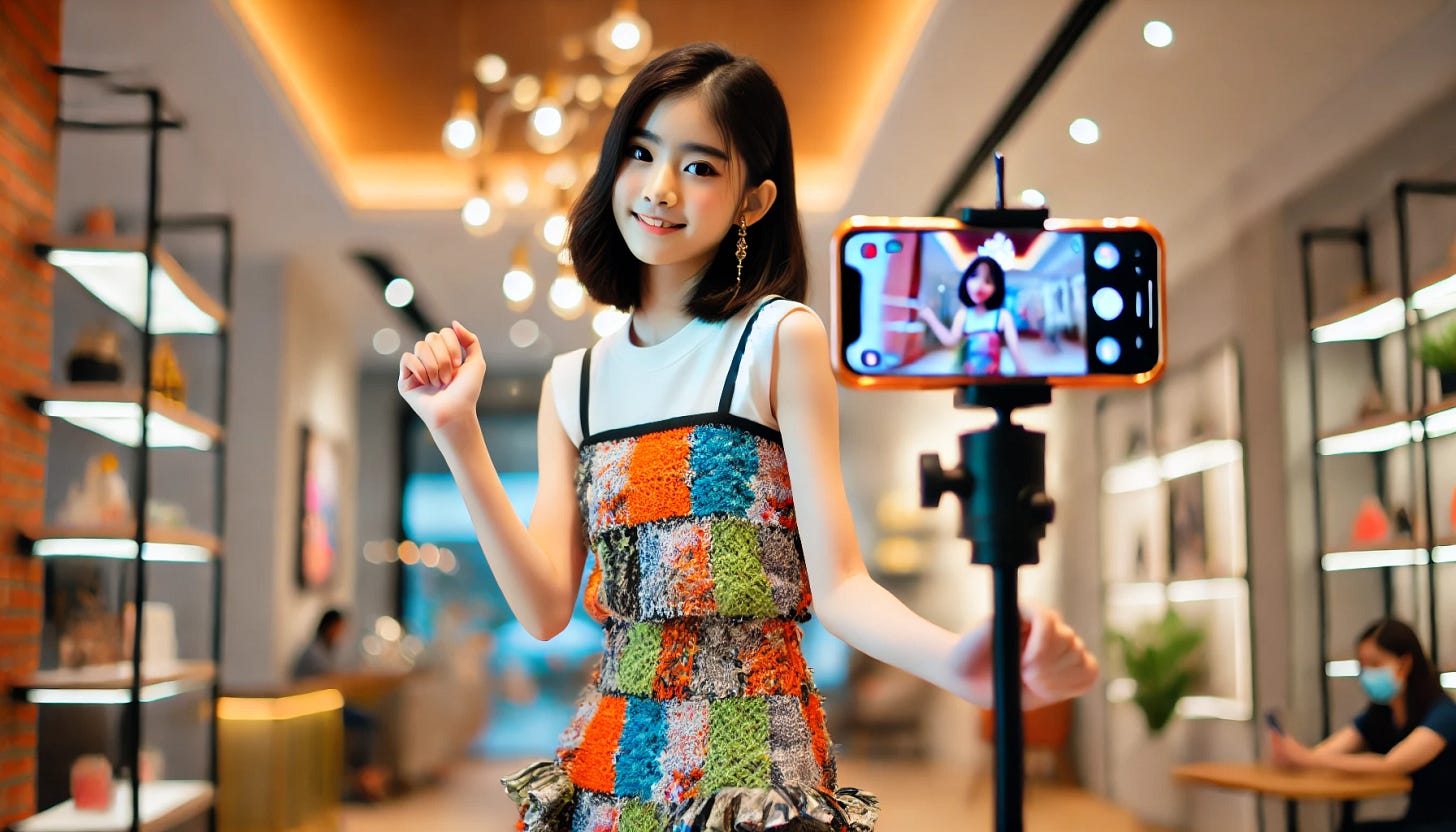 A cute Asian girl wearing a very fashionable and eye-catching sleeveless outfit dress, standing in front of a smartphone doing a dance livestream. The background has a stylish, modern indoor setting with soft lighting and a slightly blurred effect to emphasize her as the main focus. The phone is mounted on a stand, capturing her lively and energetic movements. The outfit features bright and trendy colors, making her stand out.