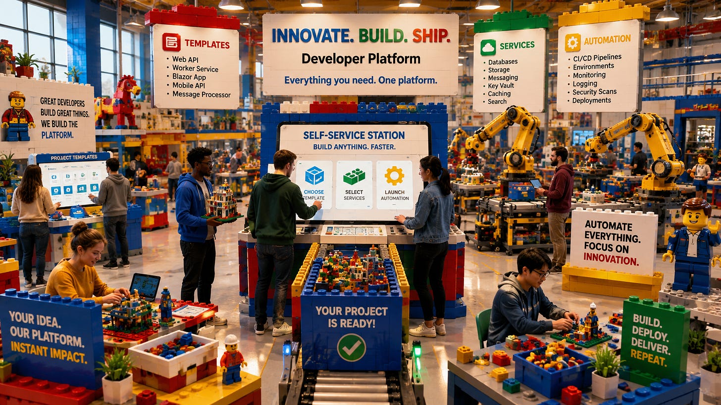 Developers use a self-service LEGO workshop to instantly build new software projects. Developers use a self-service LEGO workshop to instantly build new software projects.
