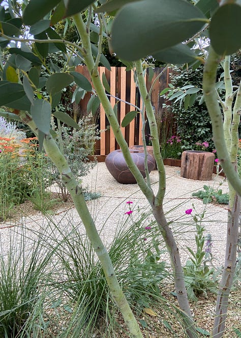 PIctures of a show garden being built at the RHS Hampton Court Garden Festival with a smiling garden designer.