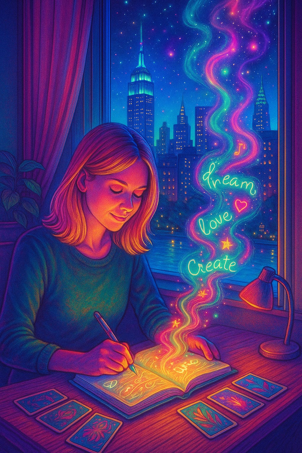 Illustration of a woman journaling at a desk with oracle cards, glowing magical energy rising from her notebook forming the words “Dream, Love, Create,” with a starry New York City skyline in the background.