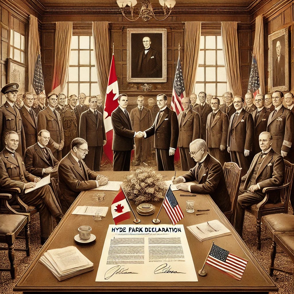 A historical illustration of Canadian and American leaders signing the 1941 Hyde Park Declaration. The setting is a formal meeting room with vintage decor, papers on the table, and Canadian and American flags in the background. The leaders are depicted in a respectful and serious manner, shaking hands and signing documents. The scene reflects the wartime era, with a sepia-toned, slightly aged aesthetic.
