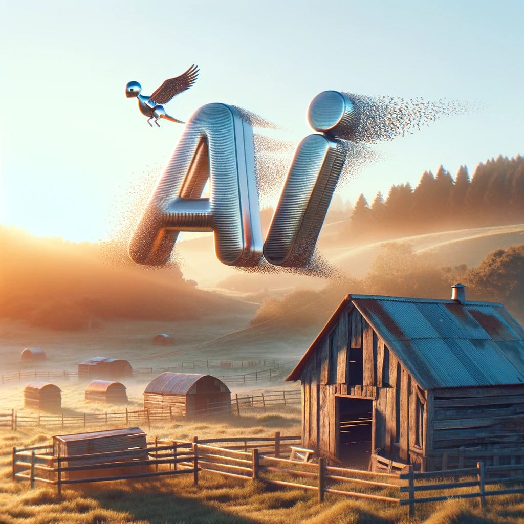 Create a lifelike image featuring the letters 'AI', designed in a sleek, modern style, appearing to fly out of an old, rustic chicken coop. The scene is set in the countryside during the early morning, with the first rays of sunlight casting a warm glow over the scene. The 'AI' letters are animated and personified, with tiny wings, giving them a lively character as they escape into the open air. The background is filled with a scenic landscape of rolling hills, a few trees, and a clear blue sky, providing a contrast between the old world charm of the coop and the futuristic implication of AI.