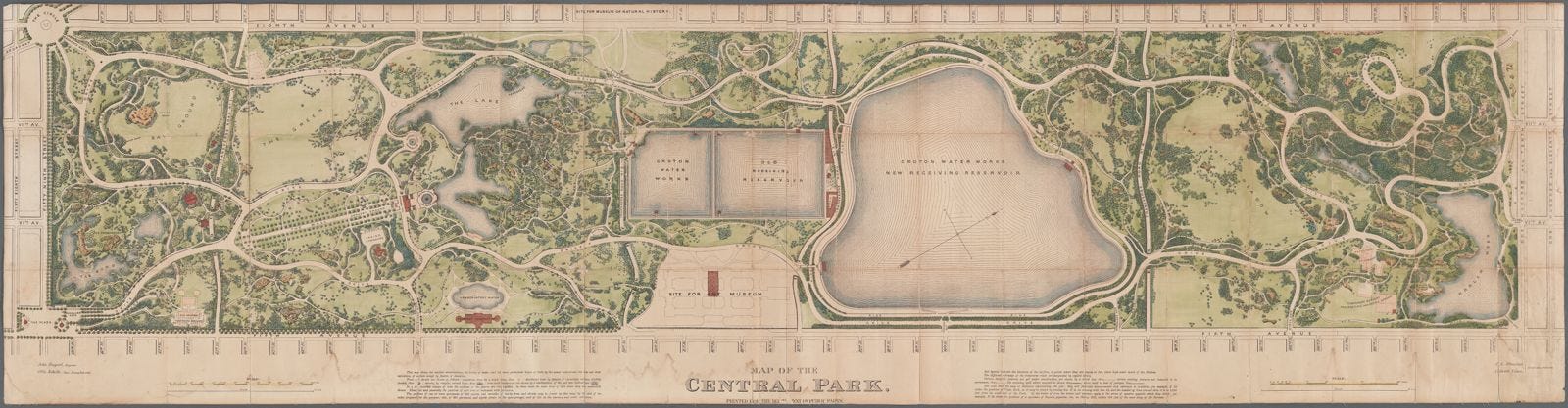 A scan of a detailed map of Central Park in New York City. Roads, fields, lakes and trees are all here. At bottom, “Site for museum” indicates the future location of the Met. A scan of a detailed map of Central Park in New York City. Roads, fields, lakes and trees are all here. At bottom, “Site for museum” indicates the future location of the Met.