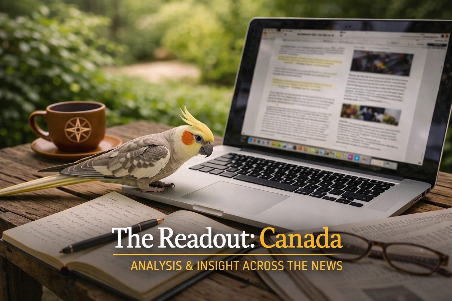 A laptop on a wooden table outdoors with a notebook and coffee cup nearby, suggesting a quiet reading and analysis setting.