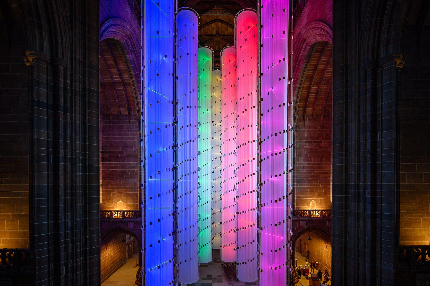 From an elevated vantage point looking directly at the rainbow colours of light.