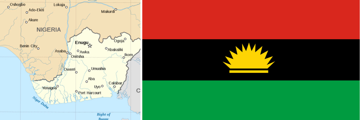 On the left, map of the de facto republic of Biafra. On the right, the flag of the Republic of Biafra