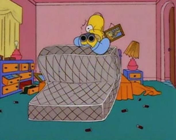 Homer with a gun hiding from the boogeyman | Simpsons | Pinterest | The ...