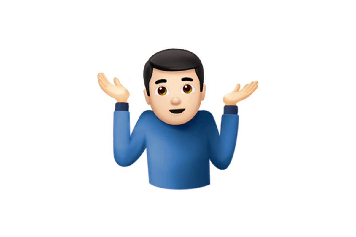 Male shrug emoji with blue sweater on.