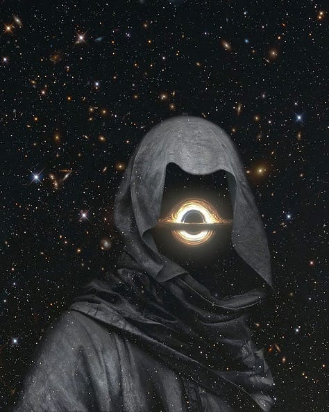 surrealist image of eyes, image of hands holding a notebook, image of a face with a void within it. 