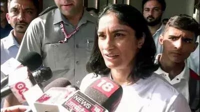 Vinesh Phogat speaks to media after being disallowed from competing by the WFI in the National Open Ranking Tournament. (ANI)