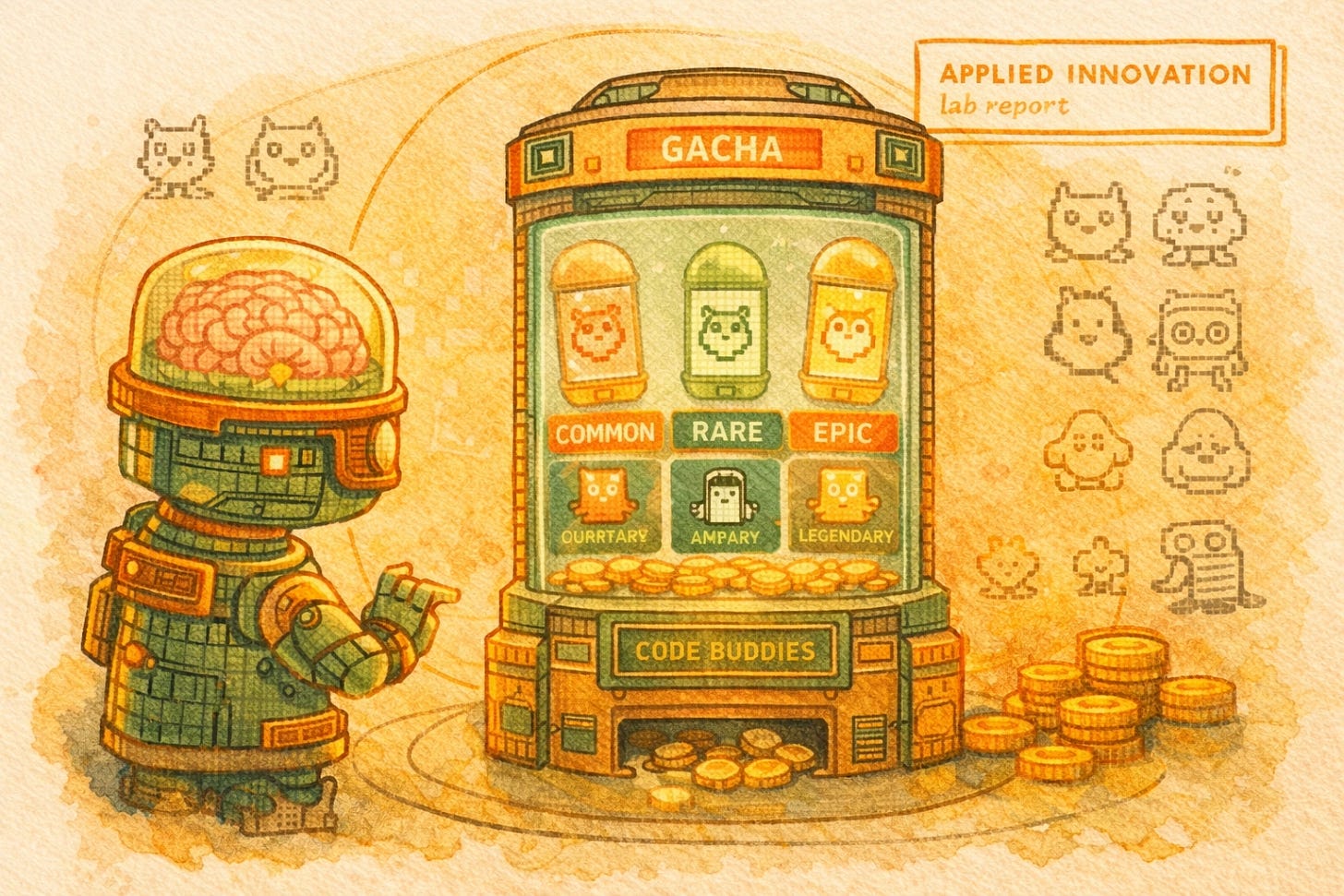 Loose watercolor lab-report illustration of the Jar-Head character studying a Claude Code Buddy gacha machine with rarity tiers.