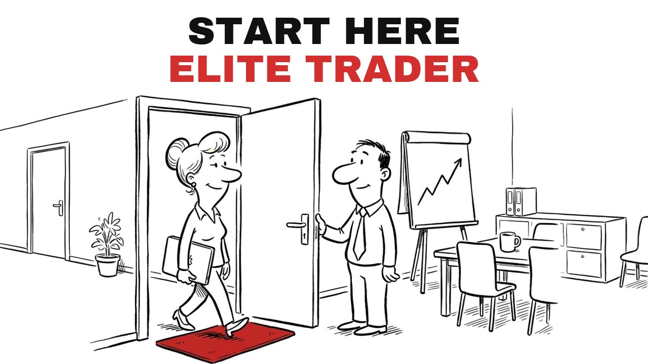 Cartoon: the mentor holds the office door open and a new trader walks in over a red doormat, titled Start Here, Elite Trader. Cartoon: the mentor holds the office door open and a new trader walks in over a red doormat, titled Start Here, Elite Trader.