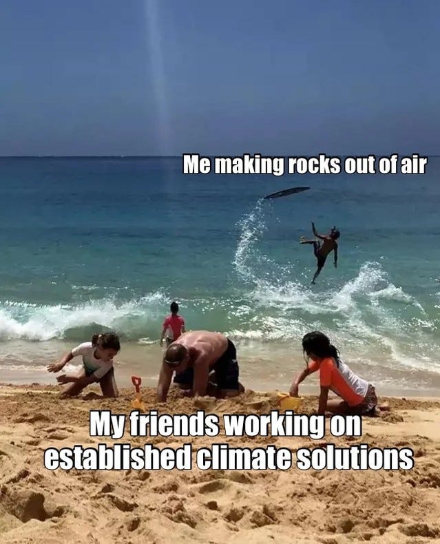 Beach photo of a person flipping off a wave, labelled "Me making rocks out of air", while friends digging in the sand are labelled "My friends working on established climate solutions".