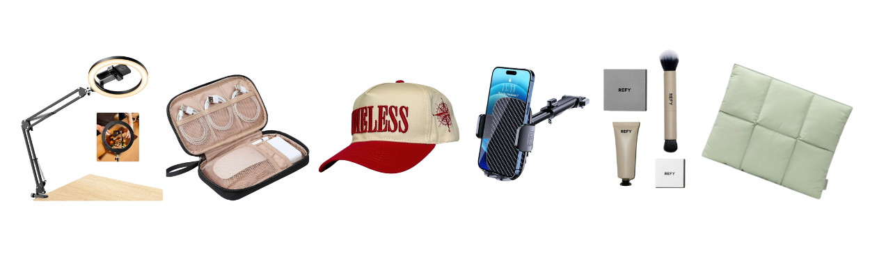 trucker hat, phone car holder, laptop holder, ring light, charger case