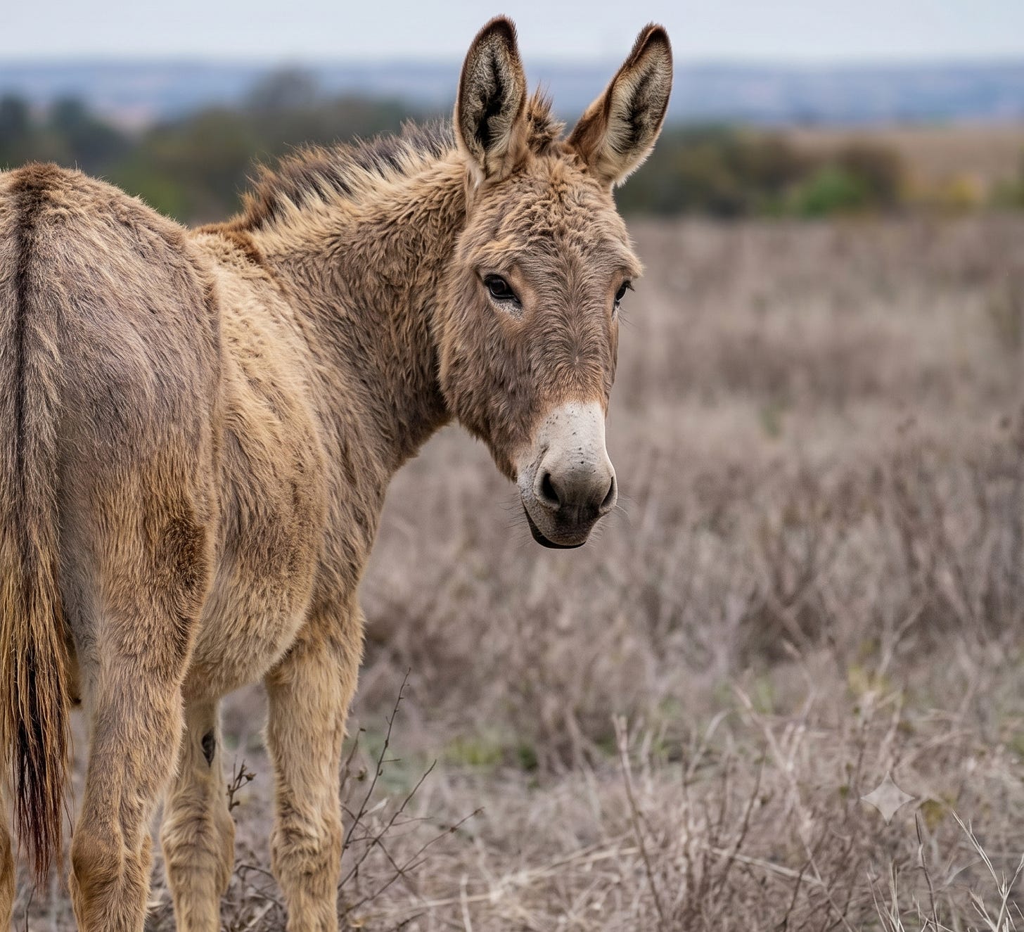 A donkey looking back over toward half hit butt that in the picture A donkey looking back over toward half hit butt that in the picture