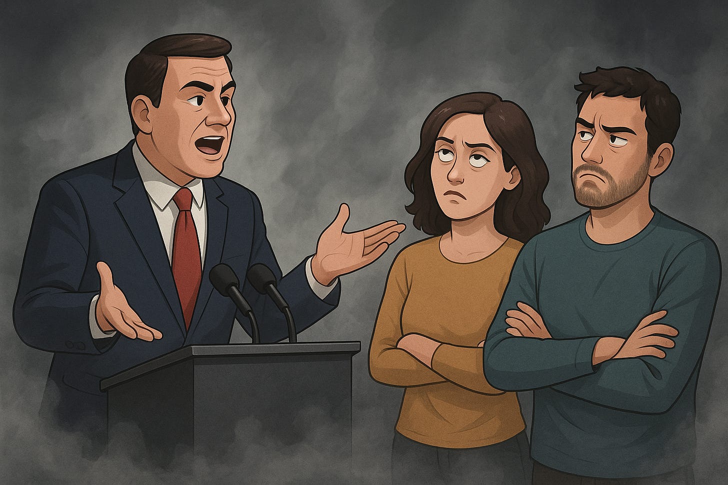A digital illustration in a semi-realistic style shows a male politician in a suit speaking animatedly at a podium with two microphones. In front of him, a woman with arms crossed rolls her eyes while a man beside her looks skeptical and frustrated, arms folded. The background is filled with gray fog, symbolizing murky rhetoric and public disconnection.