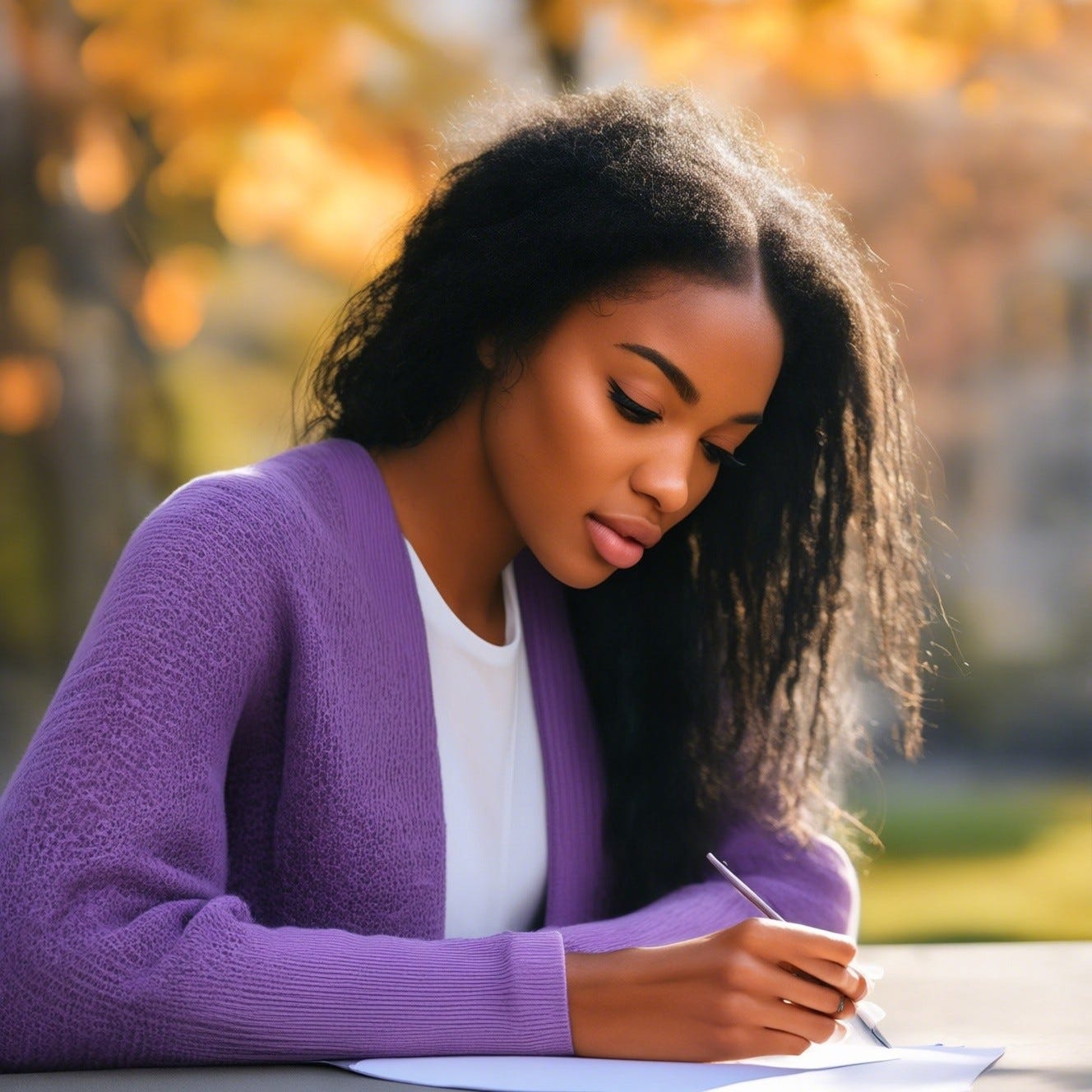 Black woman with long hair in purple and white urban attire urban, in a seated under warm morning sun, her hand poised over lined paper as she looks down while she is writing, background outside delicate fall details, soft bokeh in the background, 8k sharpness