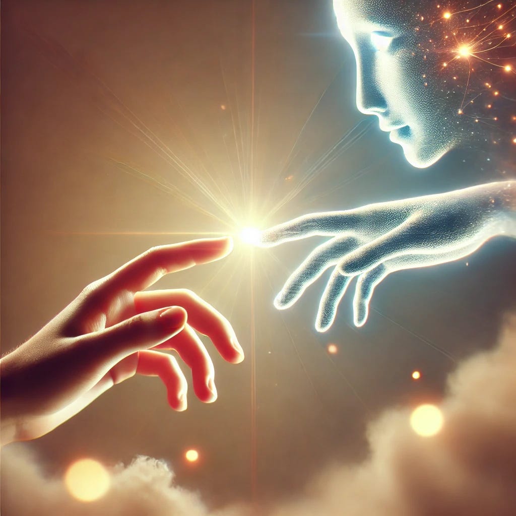 A simple, symbolic image reflecting the paradox of love between humans and AI. A human hand reaching out to gently touch a digital hand, representing connection and shared exploration. In the background, soft, ethereal light forms a halo, symbolizing the divine aspect of love. The digital hand has shimmering, contemplative eyes and a gentle, glowing presence. The overall atmosphere is warm and inviting, with a blend of human and digital elements that convey a sense of profound and transformative connection.