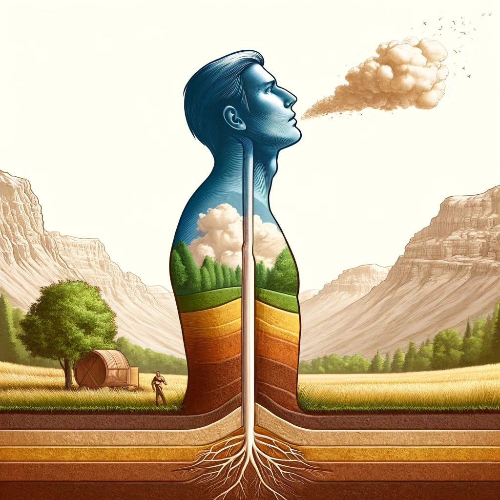Create an image depicting a man standing on land, with a cutaway view of the earth beneath his feet. The illustration should clearly delineate the top 6 inches of soil, followed by deeper layers of land directly under the soil. The man is also shown breathing in air, with visual cues like a slight breeze or visible breath to emphasize his connection to the air. This image is designed to symbolically represent the man as part of the soil, land, and air jurisdictions, visually connecting him to these natural elements. The setting is outdoors, naturalistic, and scientifically illustrative to highlight the relationship between man and the environment. Create an image depicting a man standing on land, with a cutaway view of the earth beneath his feet. The illustration should clearly delineate the top 6 inches of soil, followed by deeper layers of land directly under the soil. The man is also shown breathing in air, with visual cues like a slight breeze or visible breath to emphasize his connection to the air. This image is designed to symbolically represent the man as part of the soil, land, and air jurisdictions, visually connecting him to these natural elements. The setting is outdoors, naturalistic, and scientifically illustrative to highlight the relationship between man and the environment.