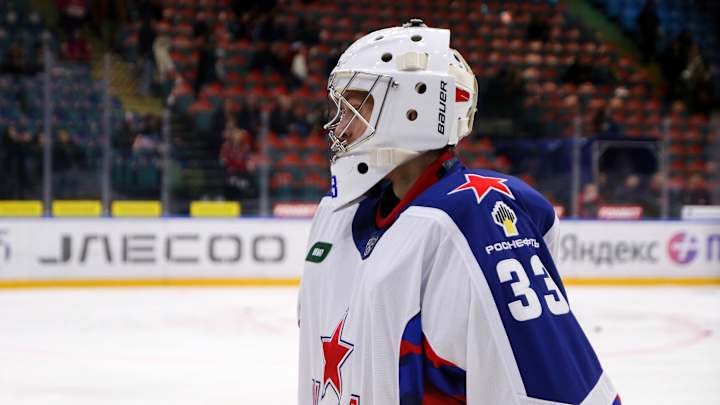 CSKA Hockey Club player, Dmitry Gamzin (33) seen in action... CSKA Hockey Club player, Dmitry Gamzin (33) seen in action...