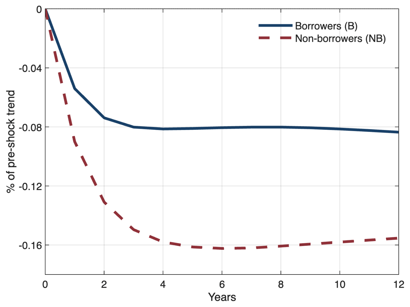 Persistent productivity loss over 12 years, larger for non-borrowers than borrowers post-shock