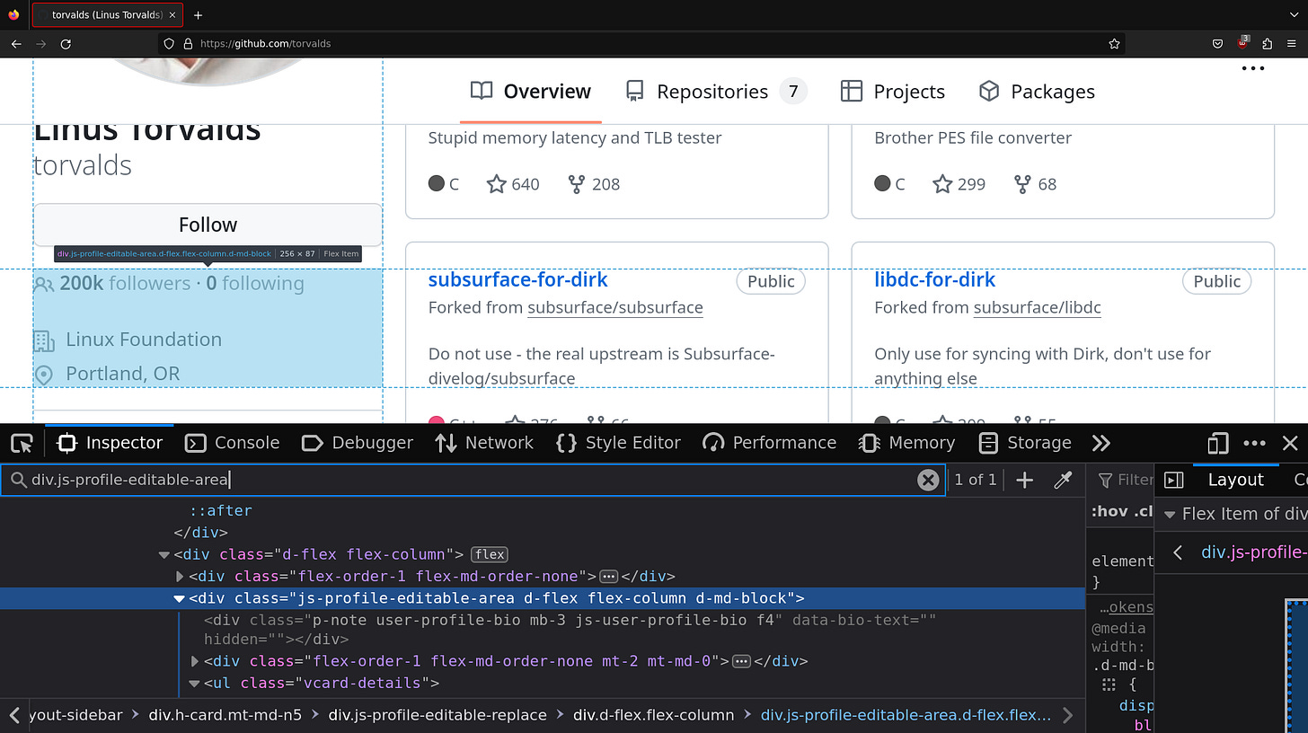 Browser screenshot of the developer options showing the parent element of several profile fields