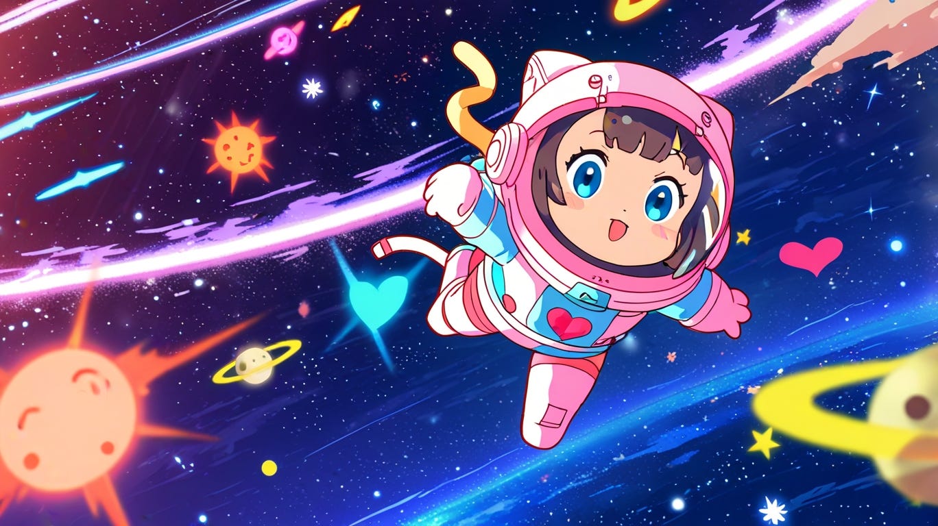 Ilustración estilo anime chibi de una astronauta en el espacio