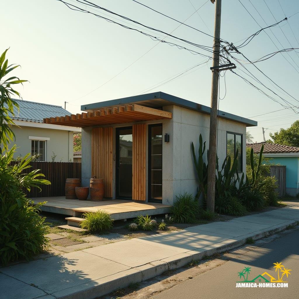 Kingston Minimalist Micro Home
Design: Single 20-ft module with front timber pergola and small patio.
Materials: Concrete, steel, glass, timber for outdoor area.
Features: Rainwater harvesting, solar panels, thin vertical windows, ventilated roof.
Environment: Small urban lot, paved streets, tropical sunlight.
Style Notes: Compact, ultra-modern, sustainable, cozy but stylish.