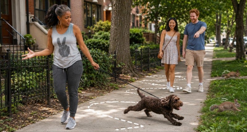 Woman wearing peace tank top looks at her energetic Labradoodle zigzagging while walking