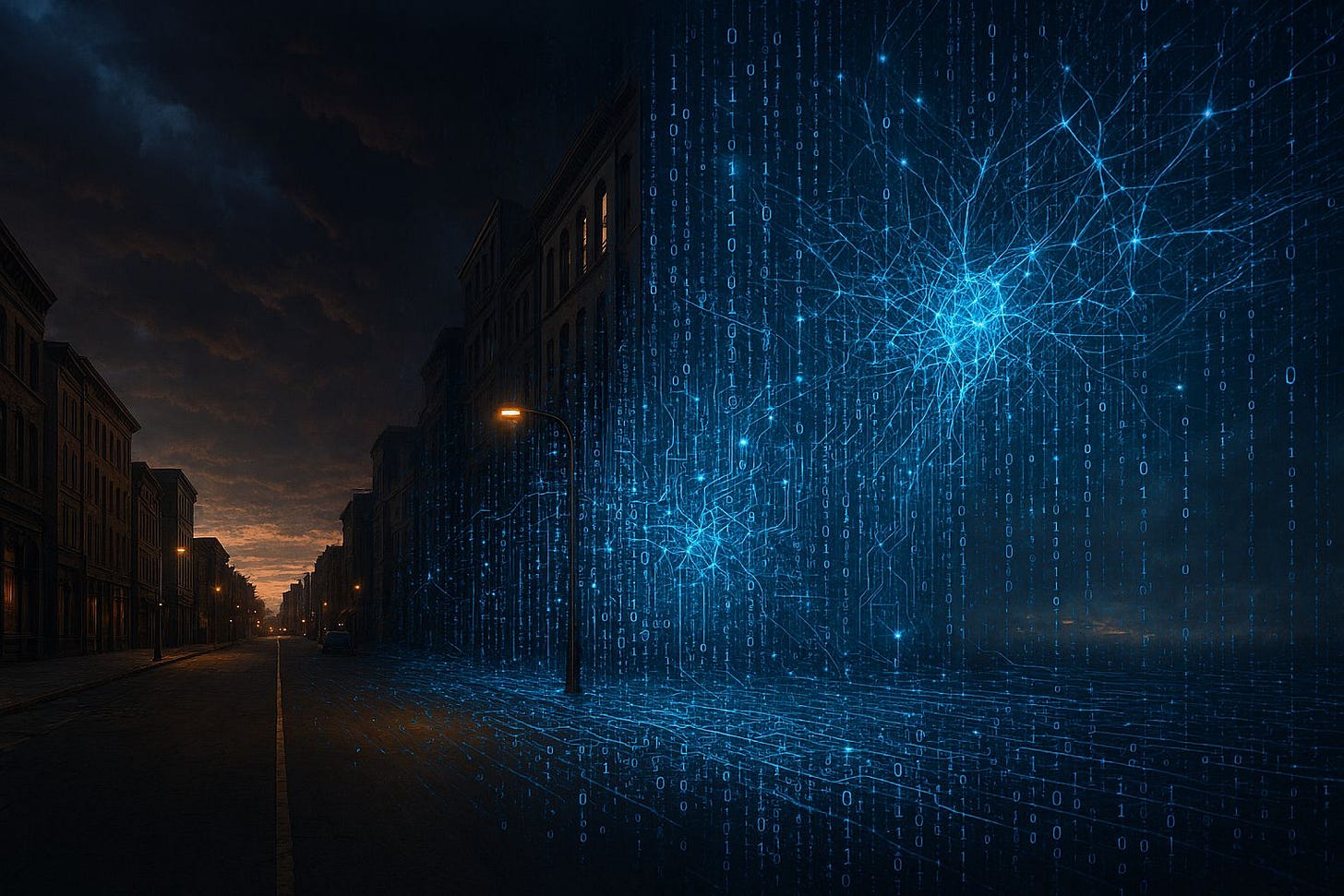 A familiar city street at dusk, but half of it is seamlessly transforming into intricate, glowing digital code and neural networks. The mood is serene yet overwhelmingly powerful, with a storm gathering on the horizon.