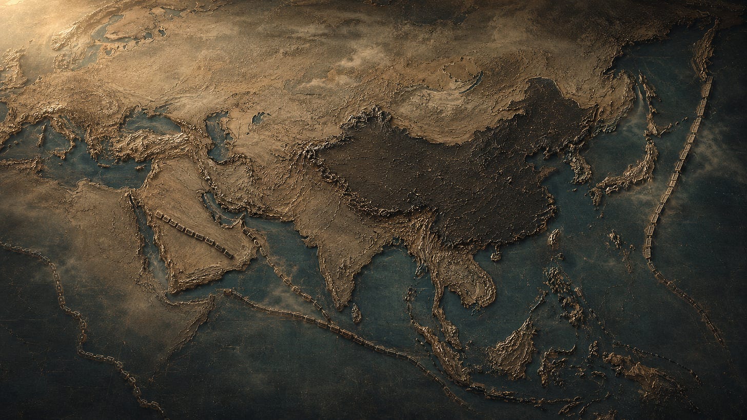 Antique-style relief map of Asia, the Middle East, and Europe with subtle architectural barriers positioned around the central China region, lit by raking light from the upper left casting long shadows