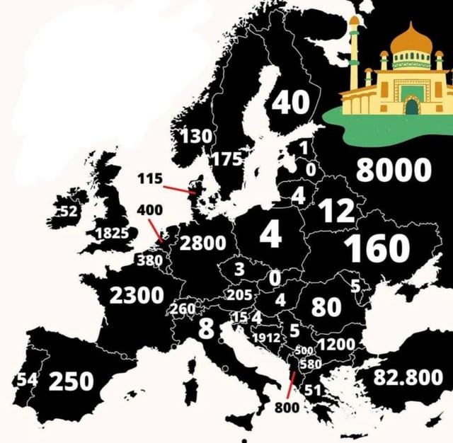 r/2westerneurope4u - Number of mosques by country, Europe