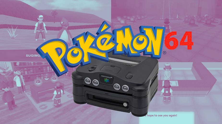 Nintendo 64 console with "Pokémon 64" text overlays scenes of characters and Pokémon in a virtual world, featuring various settings.