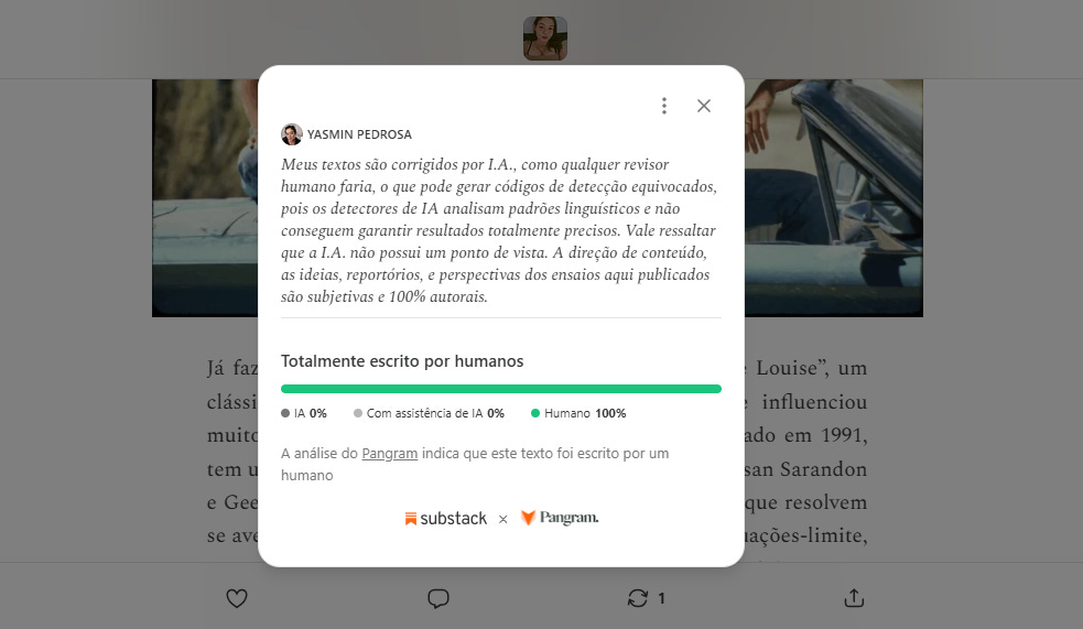 Texto de artigo sobre revisão de textos por humanos e I.A., com uma imagem ao lado relacionada ao tema.