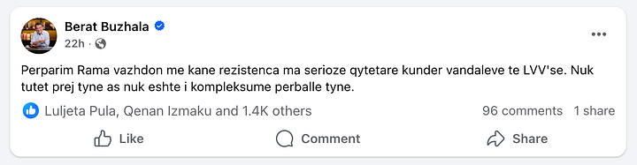 Berat Buzhala's Facebook Posts targeting Shkelzen Gashi and linking him with sitting PM Albin Kurti