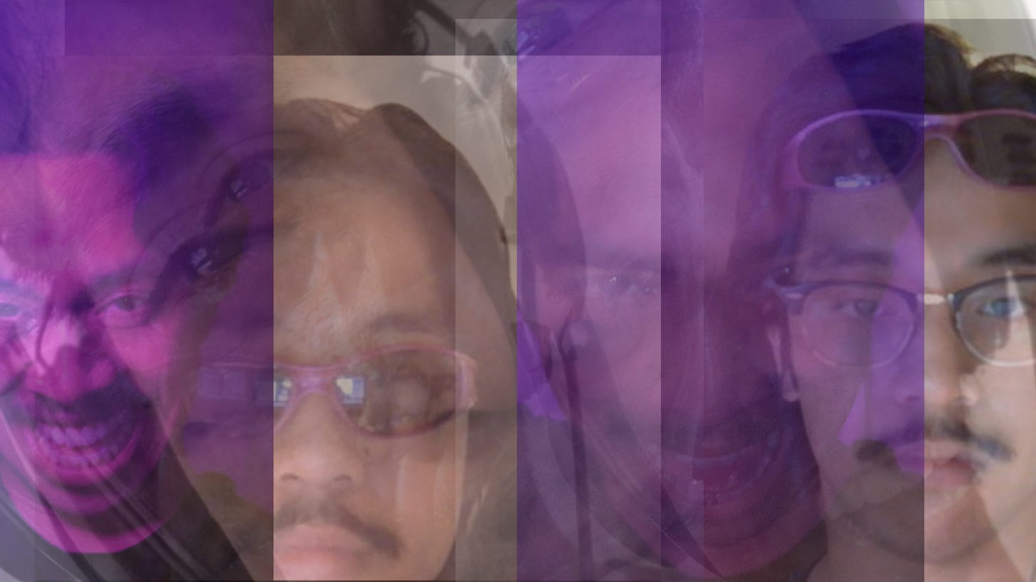 A self-portrait featuring various close-ups of my face overlayed ontop of each other at various transparencies. In some I am bathed in purple light, smiling in an exaggerated manner. In others I am wearing purple sunglasses.