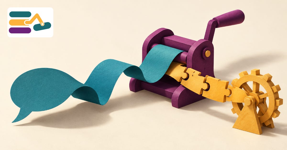 A teal speech bubble passes through a plum mechanism and becomes golden pieces that turn a cog, with the Agents Unpacked badge in the top-left corner. A teal speech bubble passes through a plum mechanism and becomes golden pieces that turn a cog, with the Agents Unpacked badge in the top-left corner.