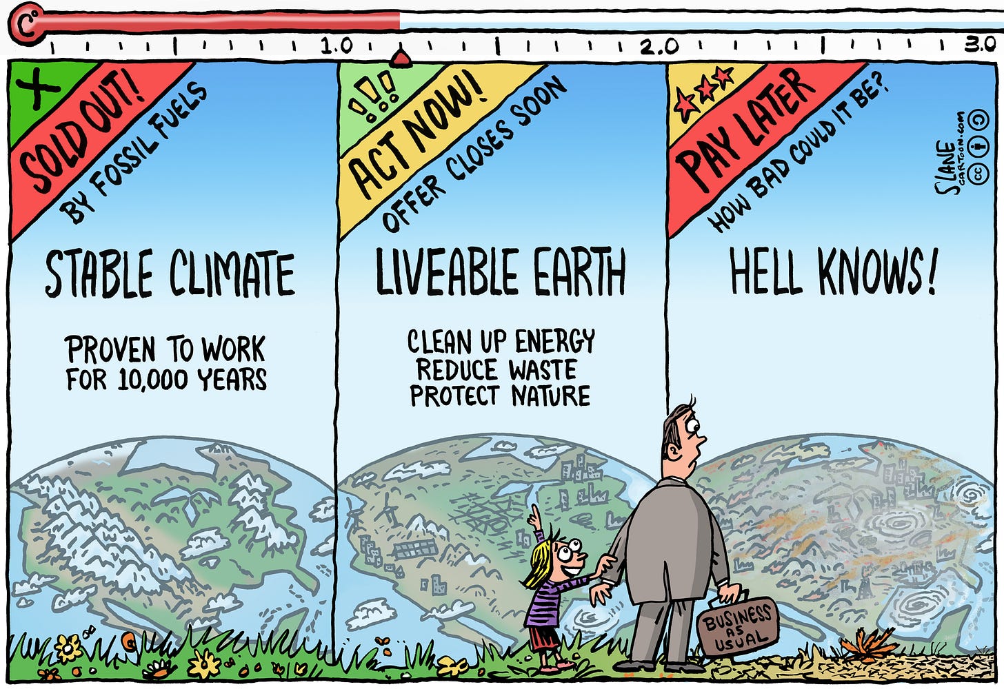 Cartoon about how many degrees of warming we choose to allow from fossil fuels and other sources of greenhouse gases. A massive billboard advertises three earths. The first earth, labelled “Stable Climate”, is billed as “proven to work for 10,000 years”, but is “sold out by fossil fuels”. The second earth, labelled “Liveable Earth”, requires us to “clean up energy, reduce waste, protect nature”, and we need to “act now, offer closes soon”. The third earth, labelled “Hell Knows!”, tempts us to “pay later, how bad could it be?” In front of the billboard, a man and a girl stand in front of the two earths that we can still choose between. The girl points enthusiastically to a “Liveable Earth”. The man seems undecided as he looks towards a future of “Hell Knows!” His briefcase says “Business as Usual”. Artist Chris Slane @SlaneCartoons, License CC BY-SA 4.0. Source: https://www.slanecartoon.com/-/galleries/climate-quest-cartoons