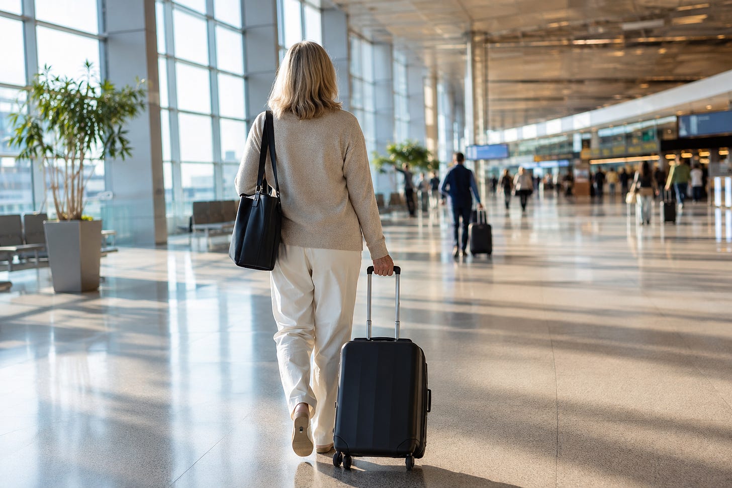 A middle aged woman walking through an airport on her way to work remote from another country.