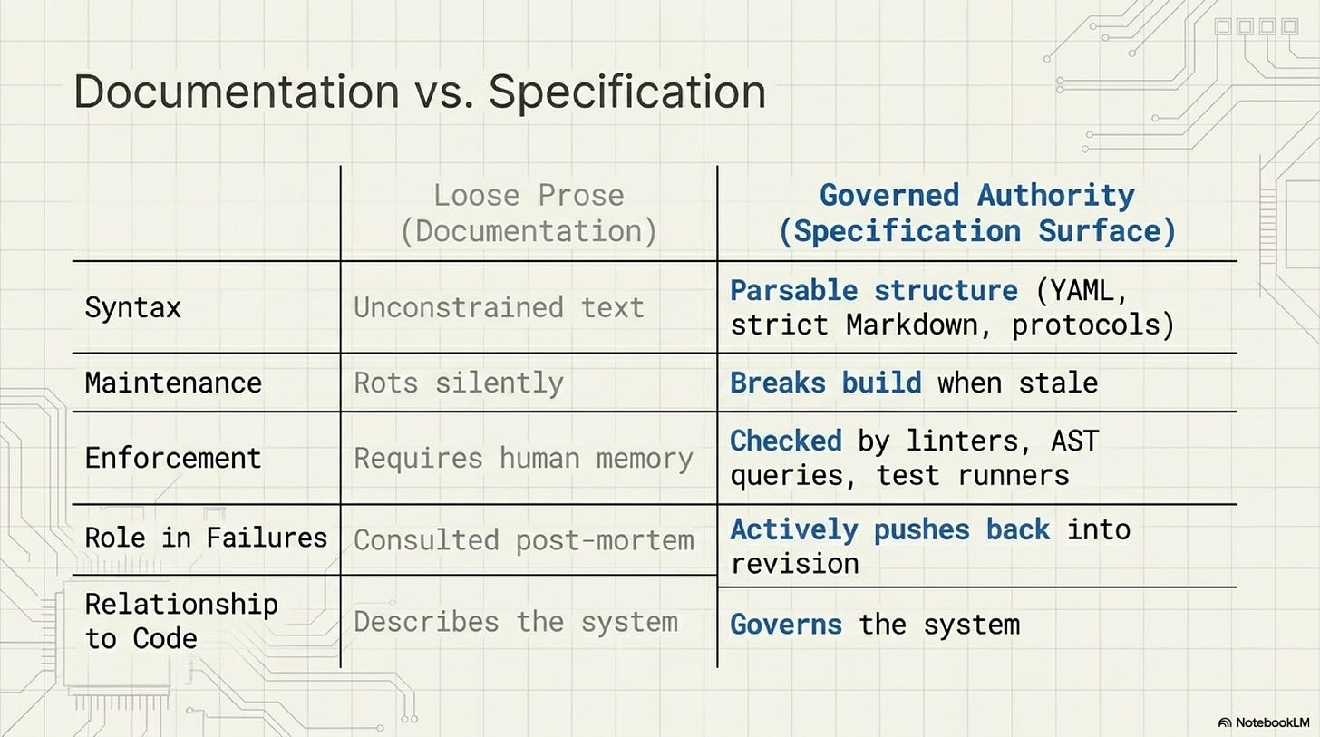 Documentation explains the system, while governed specification changes how the system is controlled