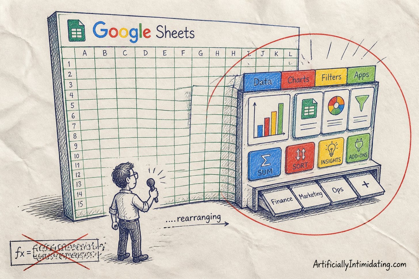 Pen-and-ink editorial cartoon with colour accents: a tall wall of empty Google Sheets grid cells folds outward on its right side into a bright four-colour interactive app kiosk with charts, buttons and tabs, circled in red. A small worker in glasses speaks one sentence into a microphone. A tangled formula bar sits crossed out in the corner.